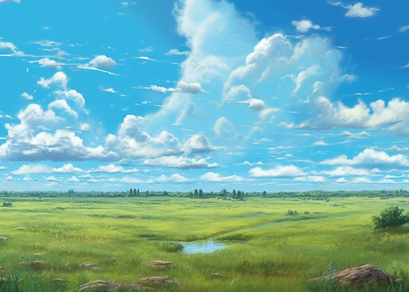 春天草地水塘蓝天背景,插画/手绘图,插画/手绘图库,插画/手绘图下载,插画/手绘